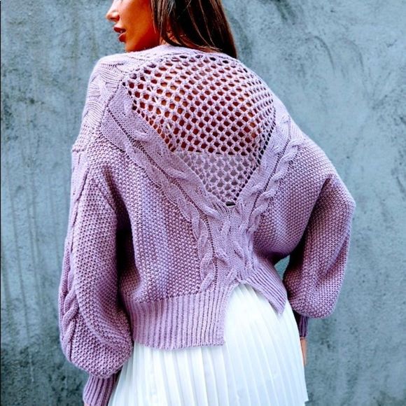 NWT! OPEN KNIT DROP SHOULDER BACK SPLIT DETAIL BUTTON UP CARDIGAN - MAUVE PURPLE - Picture 7 of 12